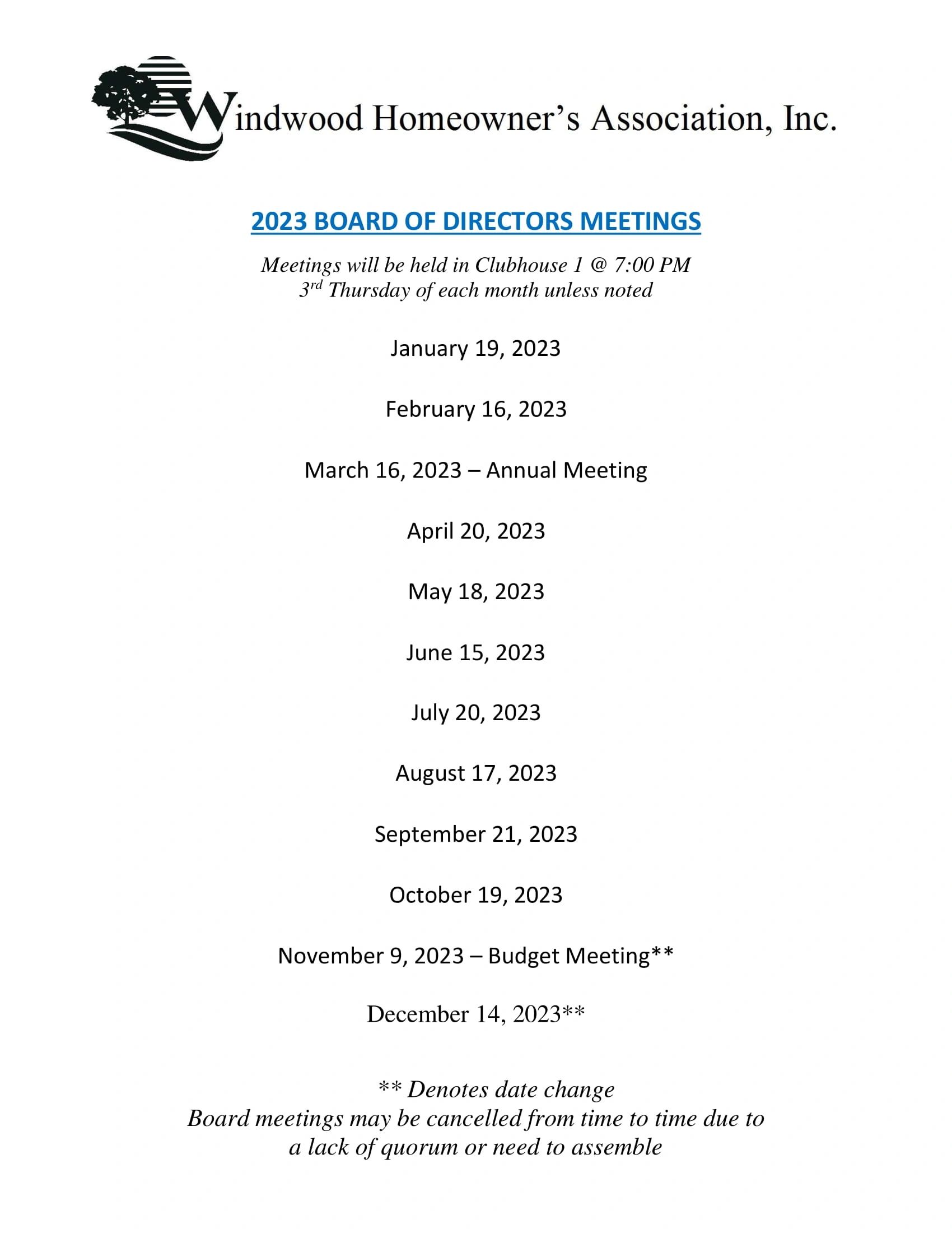 2023 Board Of Directors Meeting Dates 1 